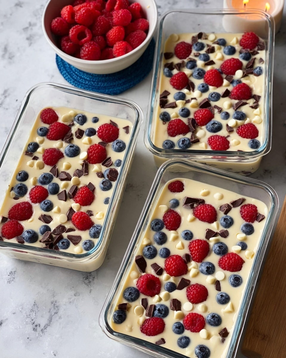 A close-up image shows a golden-brown baked slice with a soft texture, held by a gold spoon. The slice has two main layers; the bottom layer is dark purple with whole blueberries, and the top layer is light yellow with a lightly bumpy surface dusted with white powdered sugar. The background shows two glass baking dishes with similar baked slices, all sitting on a white marbled surface with a blurred green plant and a white wall in the background. Photo taken with an iphone --ar 4:5 --v 7