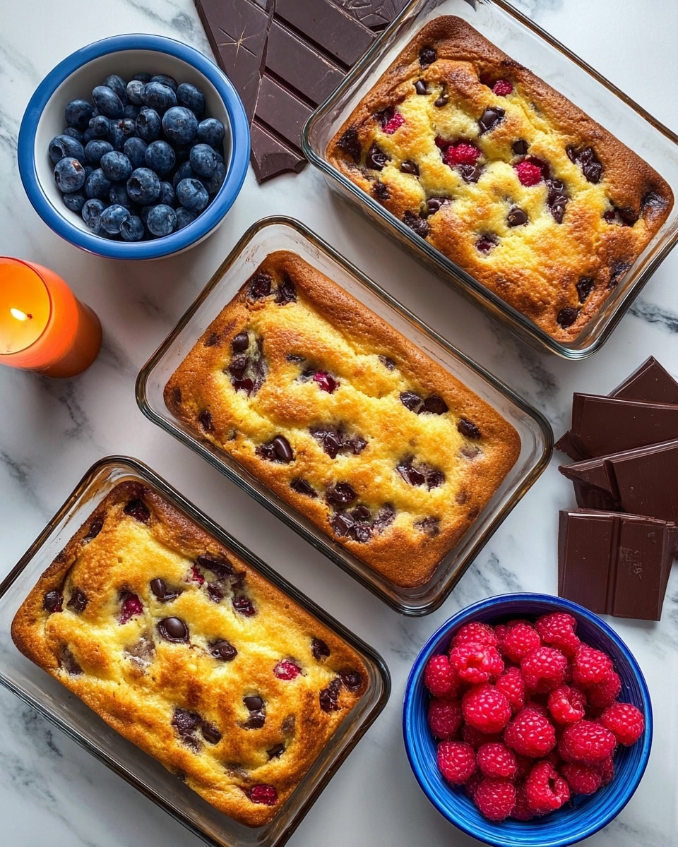 The image shows three glass square dishes filled with a creamy yellow batter, evenly spread to fill each dish. The top layer of each dish is decorated with scattered fresh blueberries, red raspberries, small white chocolate chips, and irregular pieces of dark chocolate, creating a colorful and textured surface. The dishes are placed on a white marbled textured surface. To the top left, there is a blue ramekin filled with more blueberries and raspberries, and next to it is a small orange candle on a blue saucer. The overall scene has a clean and fresh look, with a focus on the bright fruit contrasting against the pale batter photo taken with an iphone --ar 4:5 --v 7