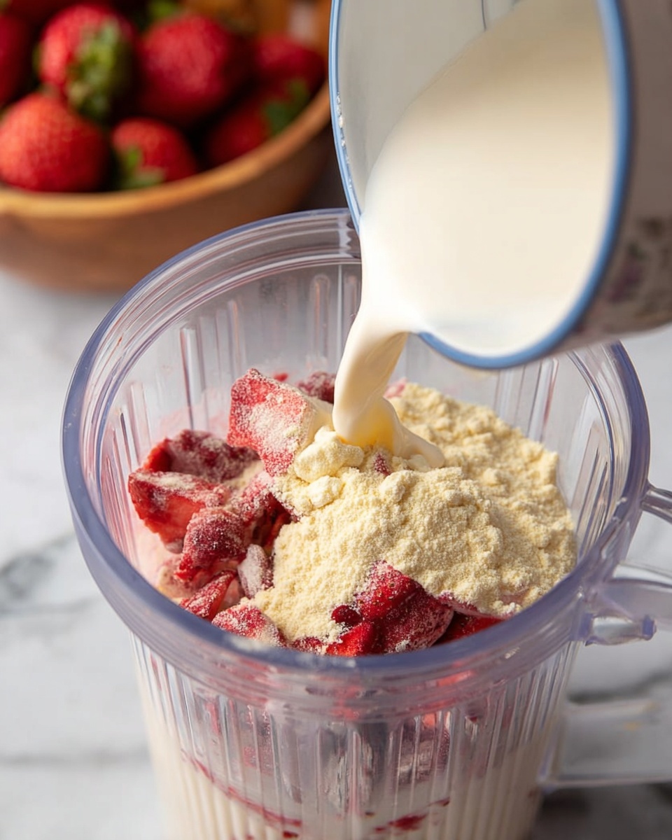 A clear ribbed plastic cup filled with three visible layers: the bottom layer consists of whole red strawberries, followed by a thick off-white powder layer covering the strawberries, and creamy white liquid being poured from a small white pitcher with a blue rim into the cup. In the background, there is a white marbled surface and a brown bowl filled with red strawberries, slightly out of focus. The scene is bright and clean, highlighting the fresh fruit and creamy texture photo taken with an iphone --ar 4:5 --v 7