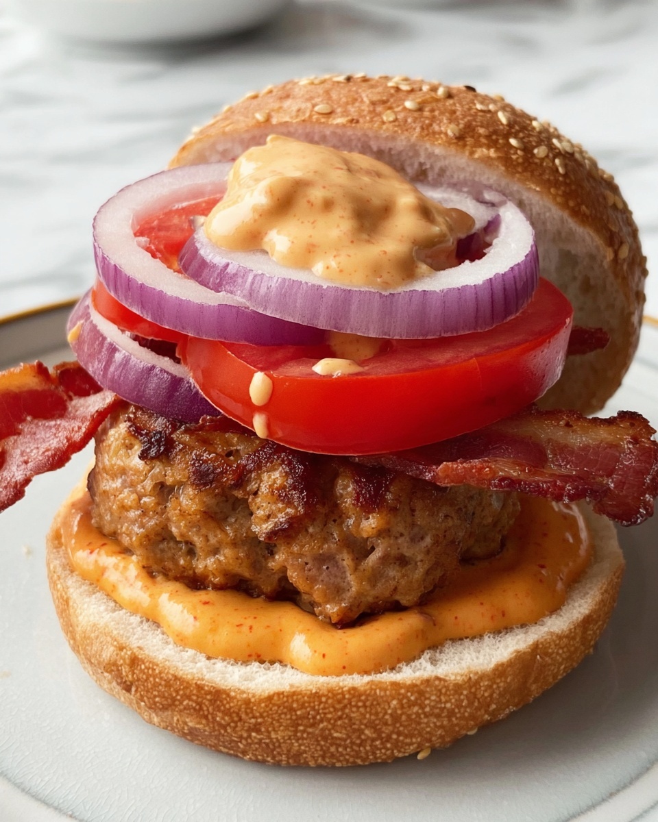 A sesame seed bun sandwich with five layers starting with the bottom bun topped with a spread of orange sauce, followed by crispy bacon strips, a thick grilled chicken patty, red tomato slices and purple onion rings, a layer of creamy orange sauce, and a fresh green lettuce leaf, all topped with the sesame seed top bun. The sandwich sits on a white plate with a blue rim on a white marbled surface, with a candle and a white pumpkin decoration blurred in the background. Photo taken with an iphone --ar 4:5 --v 7