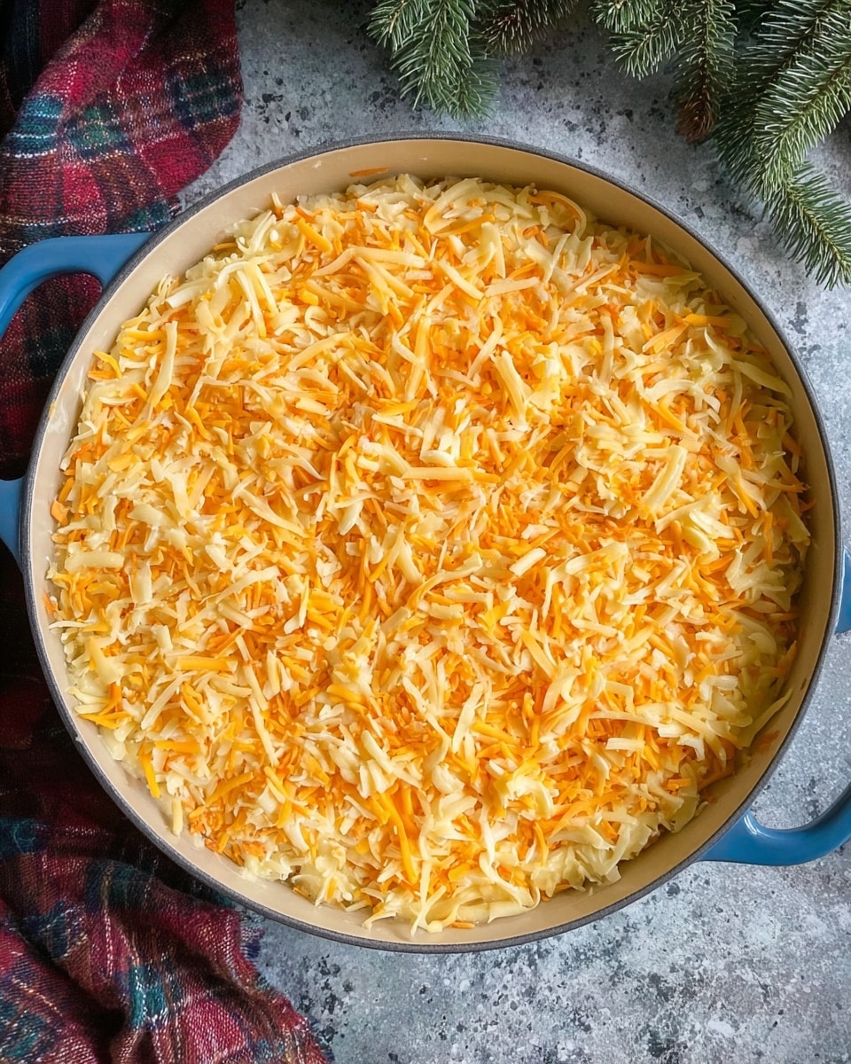 A round blue pot filled with two layers: the bottom layer is a mix of light beige ingredients barely visible under the top layer, which is a thick, even spread of shredded cheese in yellow and orange colors, giving the surface a textured and colorful look. The pot is placed on a gray speckled surface with a small portion of green pine and a plaid cloth seen in the background. photo taken with an iphone --ar 4:5 --v 7
