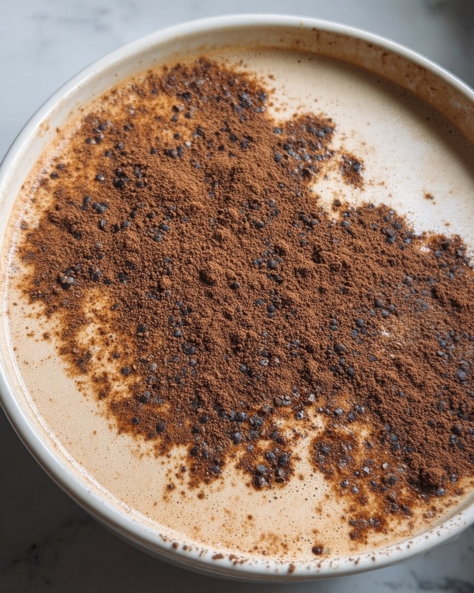 A close-up top view of a white bowl filled with a creamy light brown liquid that has dark brown cocoa powder sprinkled unevenly over the surface, creating a speckled and patchy texture with small clumps of powder scattered across. The bowl is placed on a white marbled surface. photo taken with an iphone --ar 4:5 --v 7