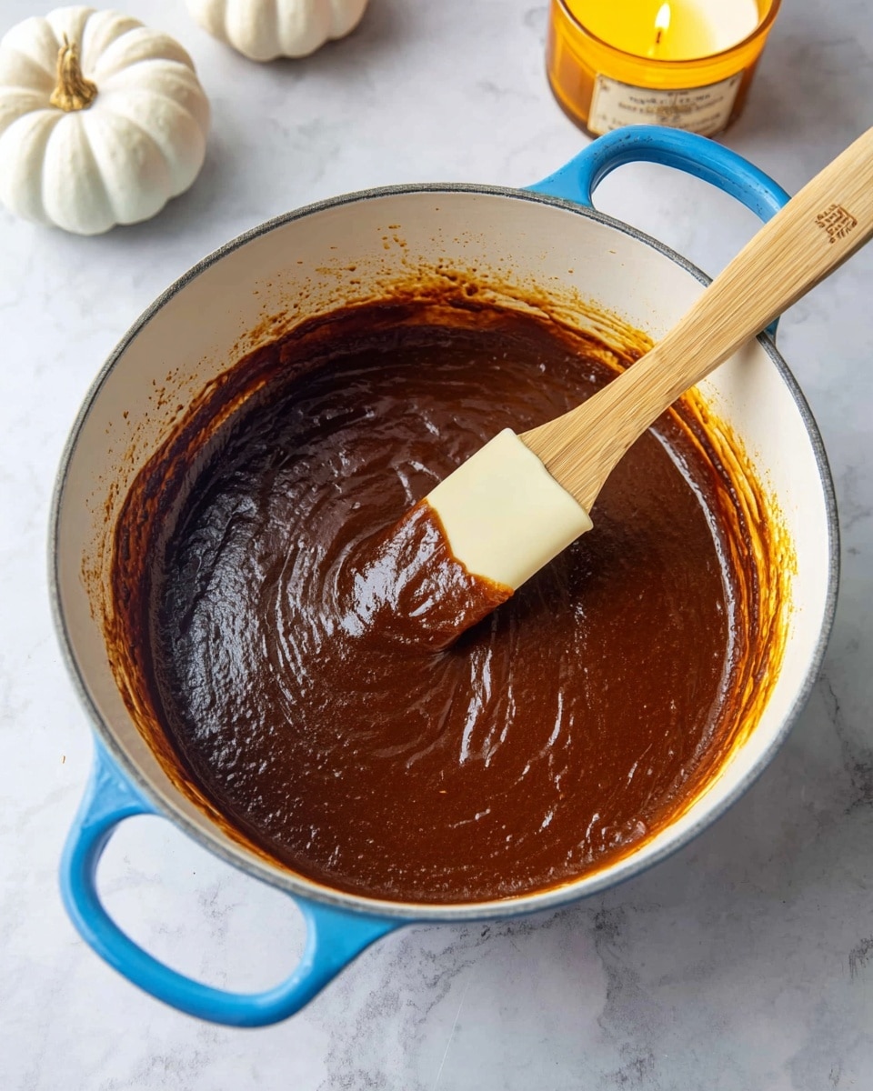 A clear glass cup holds a smooth, thick layer of dark brown chocolate mousse that fills it to the top, with a soft dollop of white whipped cream on the center, decorated with small red and green sprinkles. Above the cup, a gold spoon lifts a scoop showing two layers: a dark brown mousse underneath and a white whipped cream layer on top, with a few sprinkles. The background is a white marbled surface, a white pumpkin-shaped object, and a lit yellow candle. Photo taken with an iphone --ar 4:5 --v 7