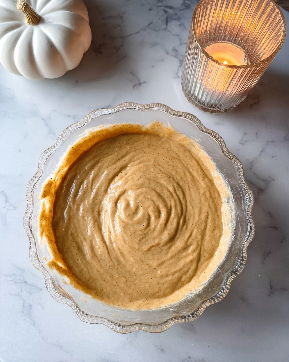 A clear glass bowl with scalloped edges holds a single thick layer of smooth, creamy batter, light brown in color with a slightly textured surface and visible swirls from stirring. The bowl sits on a white marbled surface. To the upper right, a lit candle in a ribbed glass holder casts a warm glow, while a white ceramic pumpkin decoration is placed near the top left. photo taken with an iphone --ar 4:5 --v 7