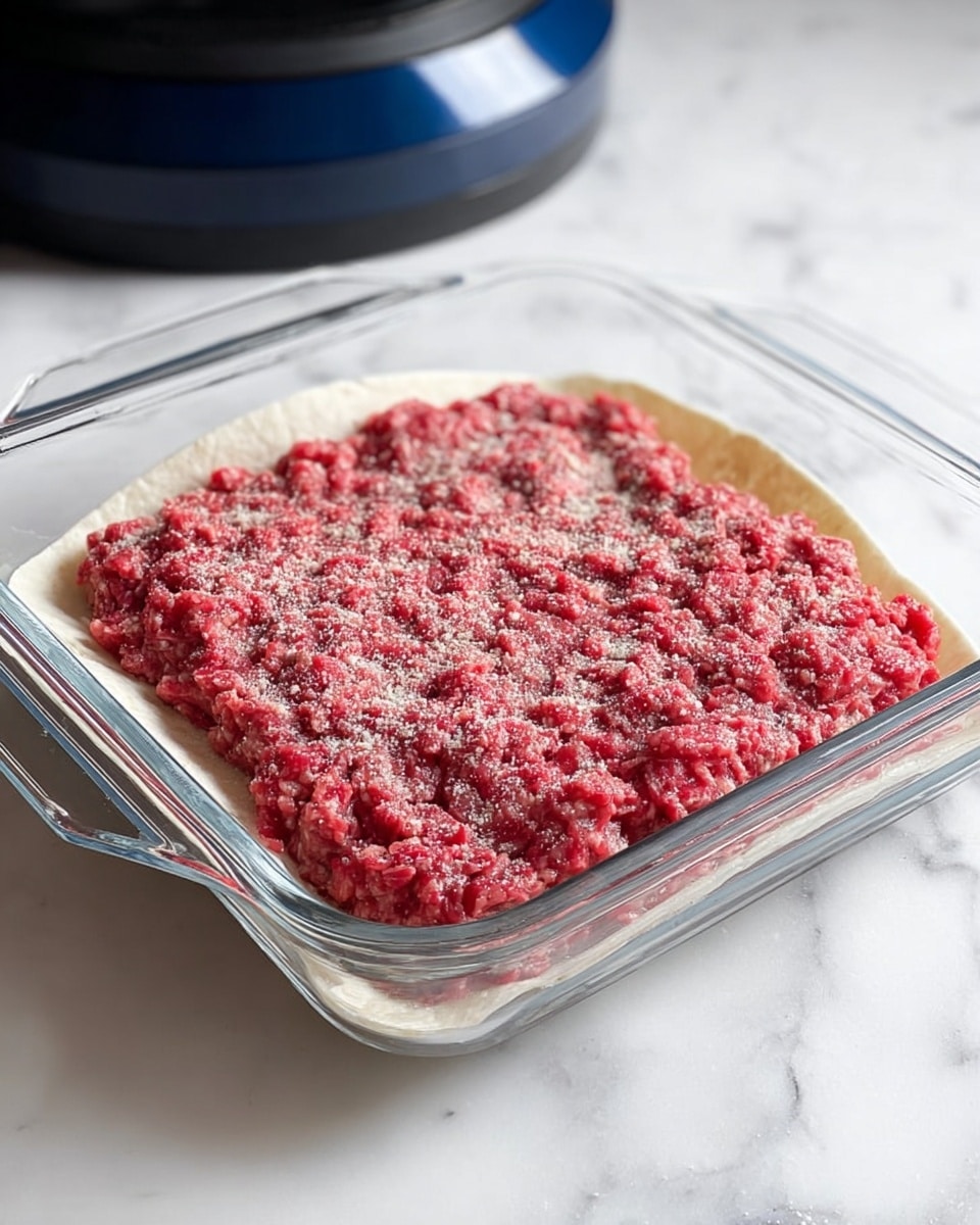 The image shows a clear square glass baking dish placed on a white marbled surface, containing a single flat white tortilla as the base layer. On top of the tortilla, there is a thick layer of raw ground meat spread evenly across, with a coarse texture and a bright red color. The meat covers almost the entire tortilla, except for a thin border around the edges. The top is lightly sprinkled with a fine, pale powder seasoning. In the background, a blue kitchen appliance is partially visible. Photo taken with an iphone --ar 4:5 --v 7