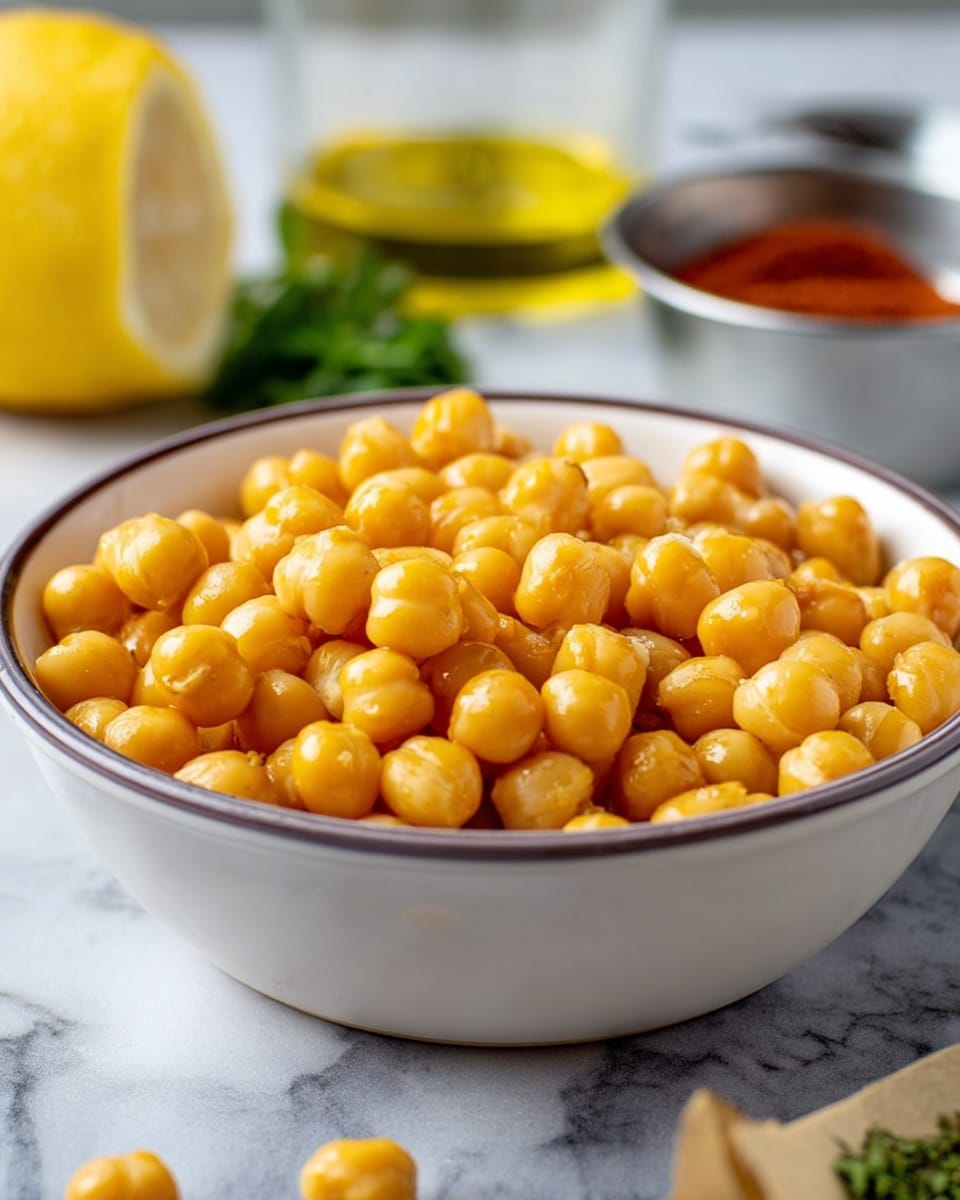A white bowl filled with cooked chickpeas that have a smooth, shiny yellow-orange surface. The bowl sits on a white marbled surface. In the background, there is a blurred half lemon, a small metal container with red spice, a glass container with golden oil, and some green herbs, all softly out of focus. The image has natural lighting and a close-up view, highlighting the texture of the chickpeas and the bowl. Photo taken with an iphone --ar 4:5 --v 7