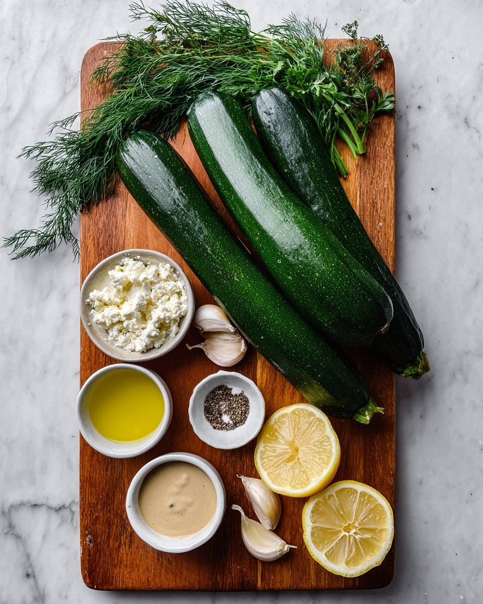 A wooden board holds fresh ingredients arranged neatly on a white marbled surface. Two long dark green zucchinis lie diagonally across the board, with leafy green dill placed above them. Near the bottom right are two lemon halves placed side by side. Three garlic cloves rest near the middle of the board. Several small white bowls contain different items: one with white crumbly cheese, one with creamy beige tahini sauce, one with yellow olive oil, and one with coarse salt and ground black pepper. The image is bright and clear, showing the textures of each ingredient and the natural wood grain of the board. Photo taken with an iphone --ar 4:5 --v 7