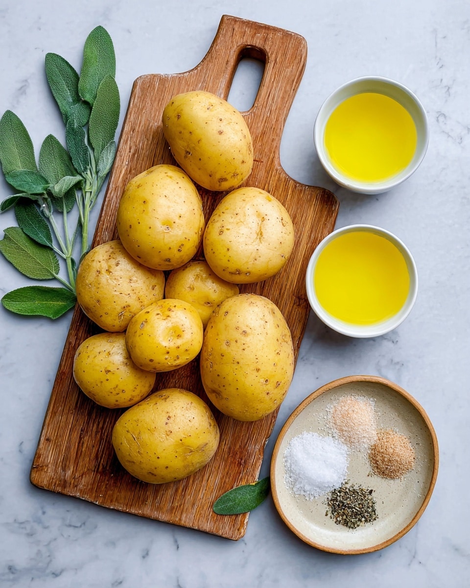 The image shows nine yellow potatoes of different sizes placed on a wooden cutting board with a handle hole at the top. To the right of the potatoes, there are two white bowls: one with a bright yellow liquid, and the other with a slightly lighter yellow liquid. Below these bowls, a small beige plate holds three piles of seasoning: light brown powder, coarse white salt, and ground black pepper. Green sage leaves are scattered around the board and near the bowls, contrasting with the white marbled surface beneath. Photo taken with an iphone --ar 4:5 --v 7