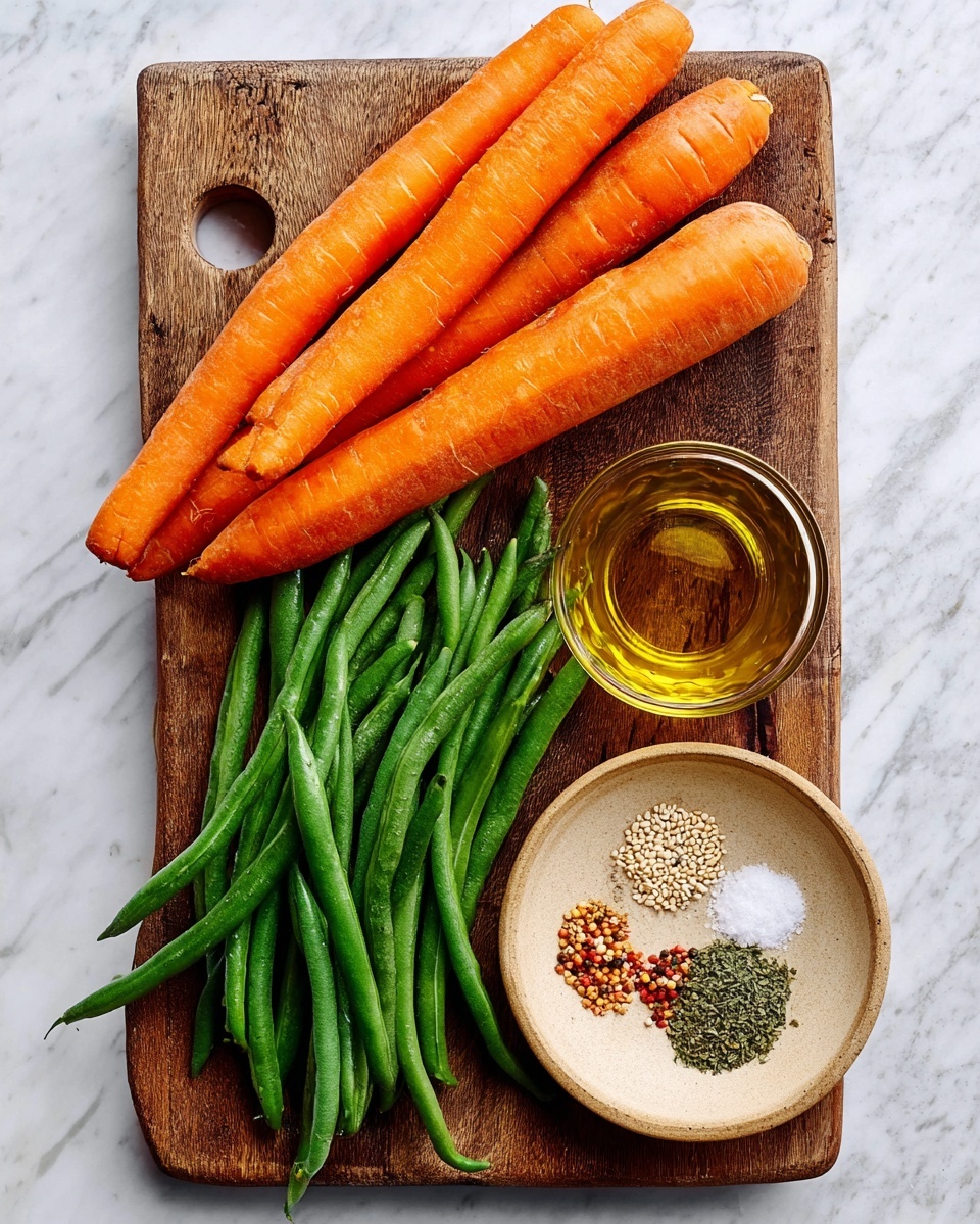 A wooden board holds four large bright orange carrots at the top left, fresh green beans spread below them covering the middle to bottom left of the board, a small clear glass container filled with golden olive oil is near the top right, and a round beige bowl at the bottom right contains five small piles of spices in a circle, including coarse salt, black pepper, red flakes, light yellow seeds, and green dried herbs, all set on a white marbled surface photo taken with an iphone --ar 4:5 --v 7