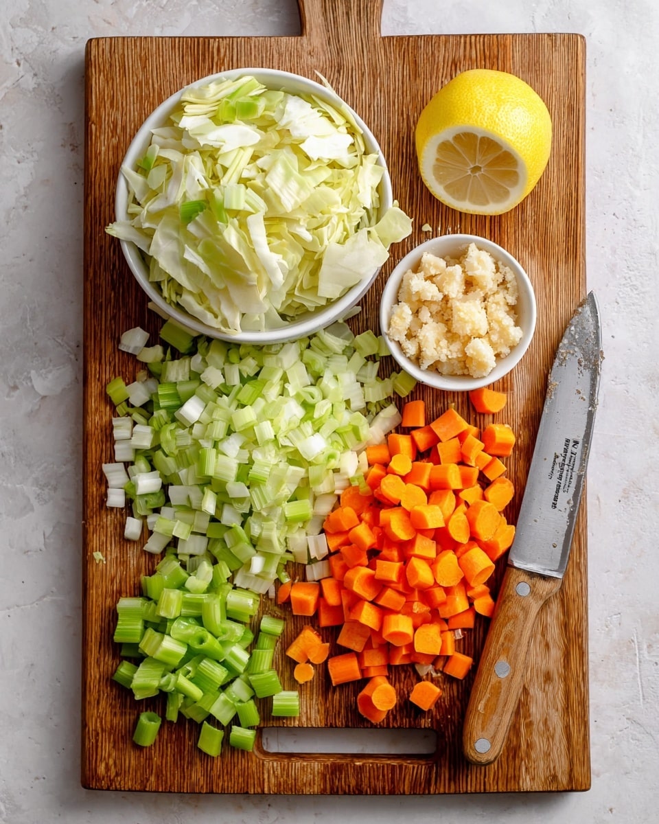 A wooden cutting board placed on a white marbled texture surface holds five groups of chopped ingredients arranged neatly. At the top left is a white bowl filled with pale green and white chopped cabbage. To the right of the bowl is a small white bowl with a pale beige crumbly ingredient. Below that is a large section of chopped light green and white leeks. Below the leeks are bright orange diced carrots. At the bottom left of the board are light green sliced celery pieces arranged in a small pile. Next to the celery, a knife with a wooden handle rests on the board. There is a halved lemon with bright yellow skin and pale yellow inside near the top right edge. The photo taken with an iphone --ar 4:5 --v 7