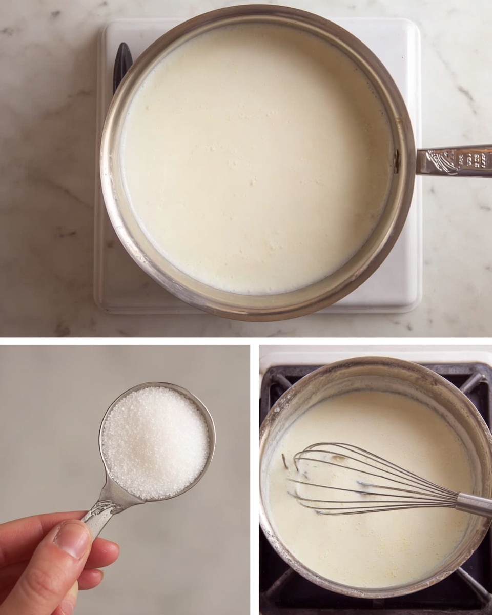 The image shows three views of a silver pot filled with a creamy white liquid on a white marbled surface or stove. The first top-left view is a close-up from above, showing the smooth, slightly frothy liquid surface. The bottom-left shows a woman's hand holding a silver measuring spoon filled with white granules, positioned above the pot as if about to add the contents. The right side shows a similar view from above of the pot on a stove with a metal whisk stirring the frothy liquid inside. Photo taken with an iphone --ar 4:5 --v 7