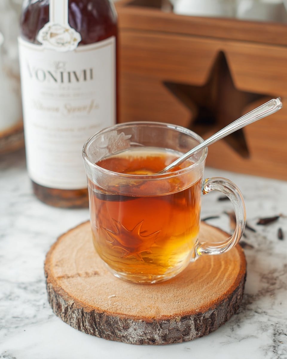 A clear glass cup filled with warm amber-colored tea, with a silver spoon inside resting against the side. The cup sits on a round wooden slab with visible rings and natural bark edges, placed on a white marbled surface. In the background, a bottle of vanilla syrup with a white label and brown text stands slightly out of focus, and there is a wooden box with a star-shaped cutout nearby. Photo taken with an iphone --ar 4:5 --v 7