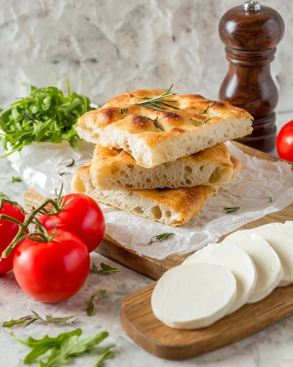 Two thick slices of focaccia sandwich sit on a wooden cutting board on a white marbled surface. Each sandwich has three layers: the top and bottom layers are golden brown focaccia bread with a slightly bubbly and crisp texture. Between the bread layers, there is bright green arugula and smooth slices of pink smoked salmon, arranged evenly. Small salt flakes are scattered on the board and bread edges. The background is softly blurred with some green herbs visible. Photo taken with an iphone --ar 4:5 --v 7