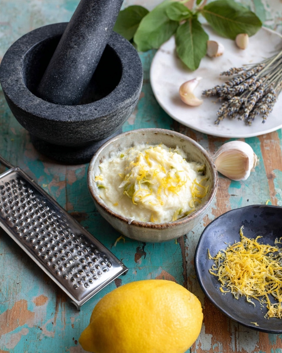 The image shows a small round bowl filled with a creamy white mixture with yellow lemon zest pieces mixed in, placed on a worn blue-green wooden table. Around it, there is a black stone mortar and pestle with some seeds inside, two peeled garlic cloves, a metal grater, a whole lemon in the foreground, a small dark bowl with yellow lemon zest, a white plate with dried lavender flowers, and some fresh green leaves in the top right corner. The scene is set on a white marbled texture replacing the wooden table. photo taken with an iphone --ar 4:5 --v 7