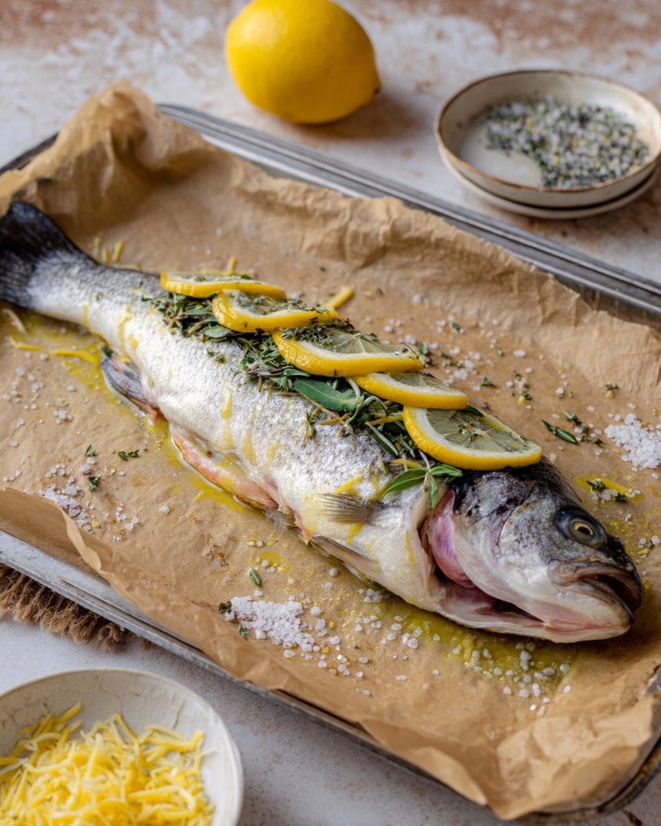 A whole fish lies on a sheet of brown baking paper on a silver baking tray. The fish has thin lemon slices and green herbs inside its cavity, and there are light yellow sauce lines spread across the top of the fish. Around the fish, there is coarse sea salt scattered on the baking paper. In the background, there is a whole lemon, a small white bowl with some shredded yellow substance, and a small white plate holding grey and white coarse bits, all placed on a white marbled surface. photo taken with an iphone --ar 4:5 --v 7