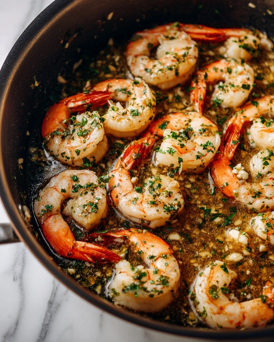 A white plate holds a serving of shrimp cooked with herbs and small slices of garlic in an orange oily sauce that covers the plate's base. The shrimp are pink with some red tails showing, and are scattered evenly in the sauce, sprinkled with green herbs. On the left side of the plate, there is a large piece of toasted bread with a dark golden brown crust and a rough texture. A small lemon wedge is placed at the edge of the plate near the shrimp. The plate is set on a white marbled surface. photo taken with an iphone --ar 4:5 --v 7