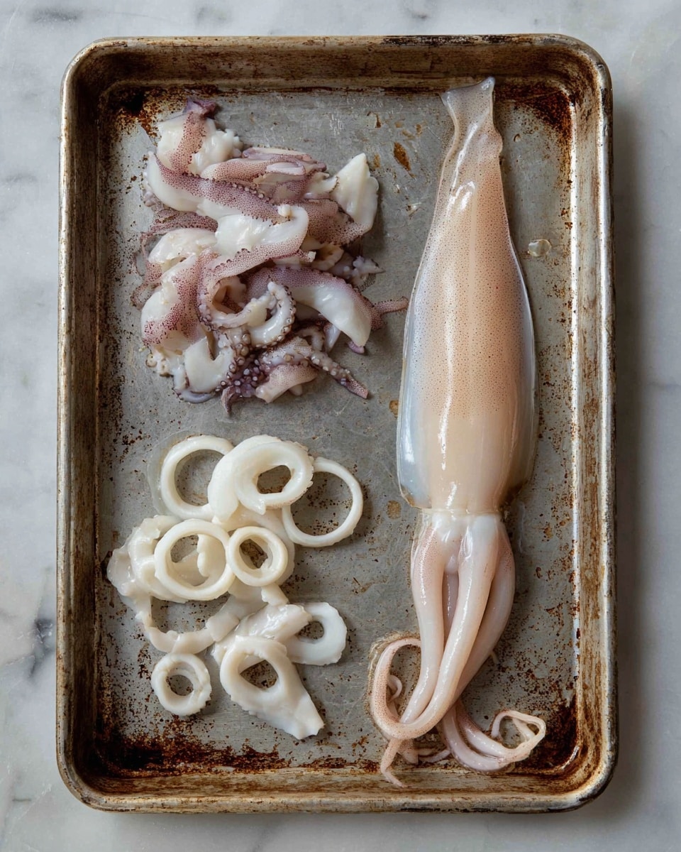 A metal tray with a whole raw squid placed on the right side, showing its pale pinkish-white body and tentacles curled at the bottom; the top left has a pile of shorter, curled squid tentacles in shades of white and light purple; the bottom left corner shows squid rings that are smooth, white, and slightly translucent, all on a worn metal tray with brown spots, placed on a white marbled surface. photo taken with an iphone --ar 4:5 --v 7
