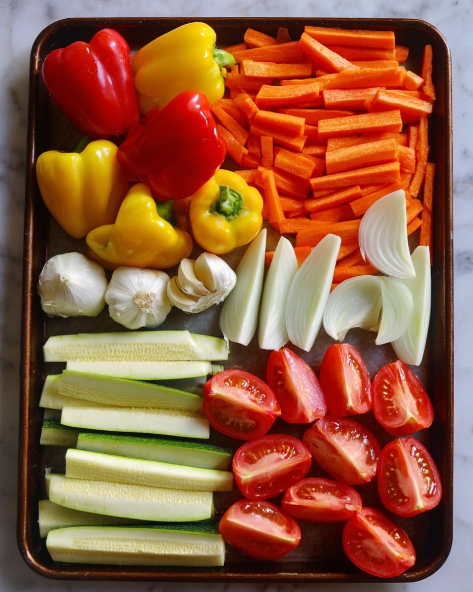 The image shows a tray filled with different fresh vegetables, arranged in separate groups. On the top left, there is a cluster of small yellow and red bell peppers with smooth skin. In the center towards the top, there are many bright orange carrot sticks laid out in a pile. Around them, three white onion wedges are placed evenly. Near the middle left, there is a halved head of garlic showing the garlic cloves inside. On the right side, a line of halved red tomatoes shows the juicy seeds and flesh. At the bottom left, there are large light green zucchini pieces, sliced lengthwise and arranged in two rows. The tray holding the vegetables is on a white marbled surface with a soft light highlighting the fresh textures. Photo taken with an iphone --ar 4:5 --v 7