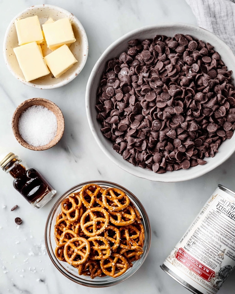 The image shows an overhead view of several ingredients placed on a white marbled surface. In the middle is a large white bowl filled with many small dark brown chocolate chips, which have a smooth and shiny texture. Above it to the right is a smaller white bowl filled with broken pretzel pieces that are golden brown, crunchy, and have a rough texture with bits of white salt crystals on them. To the right of this is a clear glass bowl holding several small blocks of light yellow butter with a soft texture. On the left of the image, near the bottom, is a small rustic bowl containing coarse white salt. Above it is a small dark brown bottle with a label on it, likely vanilla extract. At the bottom right corner, there is a can with a white label showing nutrition facts laying on its side. The whole setting has a clean look with scattered pieces prepared for mixing photo taken with an iphone --ar 4:5 --v 7