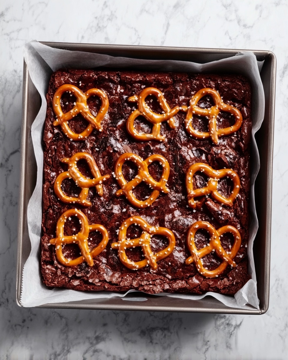 The image shows many small rectangular fudge pieces arranged closely on a white marbled surface. Each fudge piece has a dark brown chocolate base mixed with visible white crispy bits throughout. Some pieces have a whole pretzel placed on top, adding an orange-brown twisted shape with a rough texture. A light sprinkle of coarse sea salt crystals is visible on the surface of the fudge, adding small white shiny spots. The fudge pieces are unevenly spaced but neatly lined up, showing their thick and firm texture. photo taken with an iphone --ar 4:5 --v 7