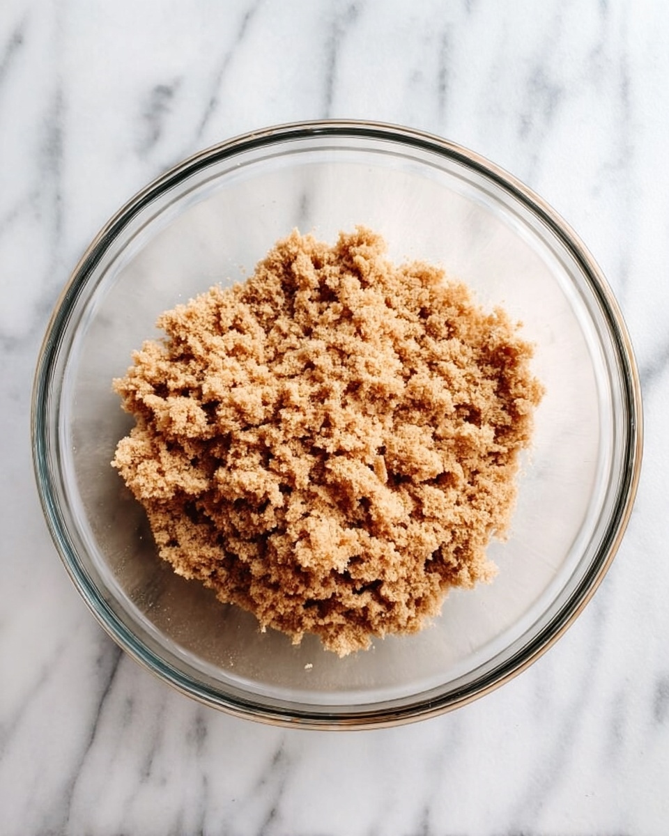 A clear glass bowl sits on a white marbled surface, filled with a single layer of crumbly, light brown mixture that looks soft and uneven in texture. The crumbs vary in size, some small and some larger clusters, spread evenly inside the bowl with no visible other ingredients. The overall appearance is dry and coarse. Photo taken with an iphone --ar 4:5 --v 7