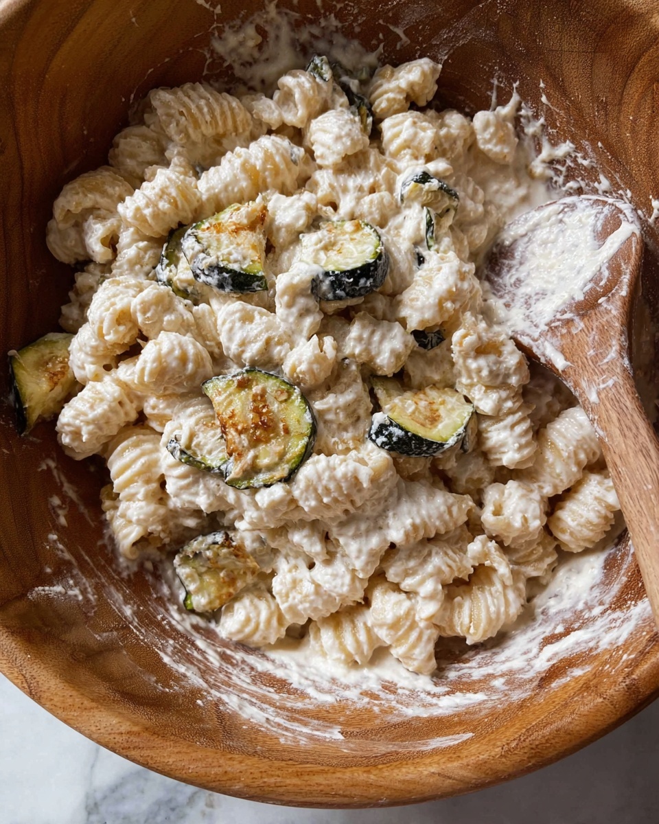 The dish shows a bowl with a creamy white layer at the bottom made of small, ridged pasta shapes coated in a light white sauce, with thin, round slices of roasted zucchini on top that have golden brown edges and some black pepper sprinkled over them. A pink and gold fork lifts some pasta and zucchini from the bowl. The background has a white marbled texture photo taken with an iphone --ar 4:5 --v 7