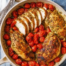 Creamy Pesto Chicken with Roasted Tomatoes Recipe