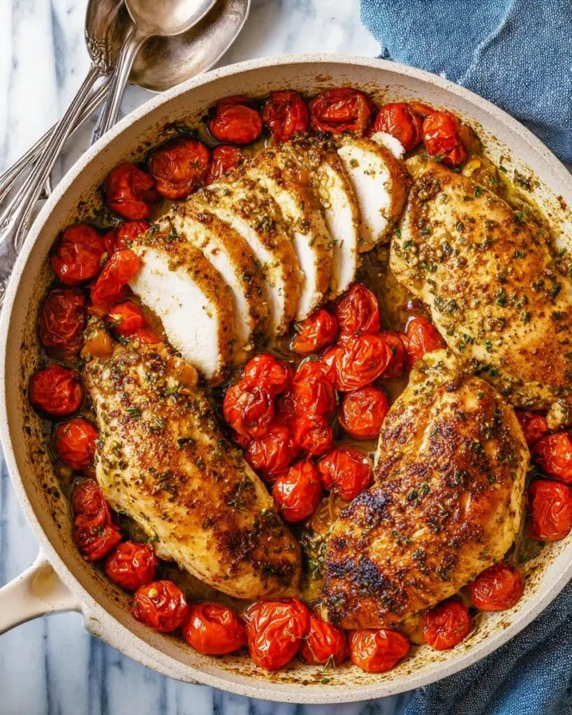 Creamy Pesto Chicken with Roasted Tomatoes Recipe