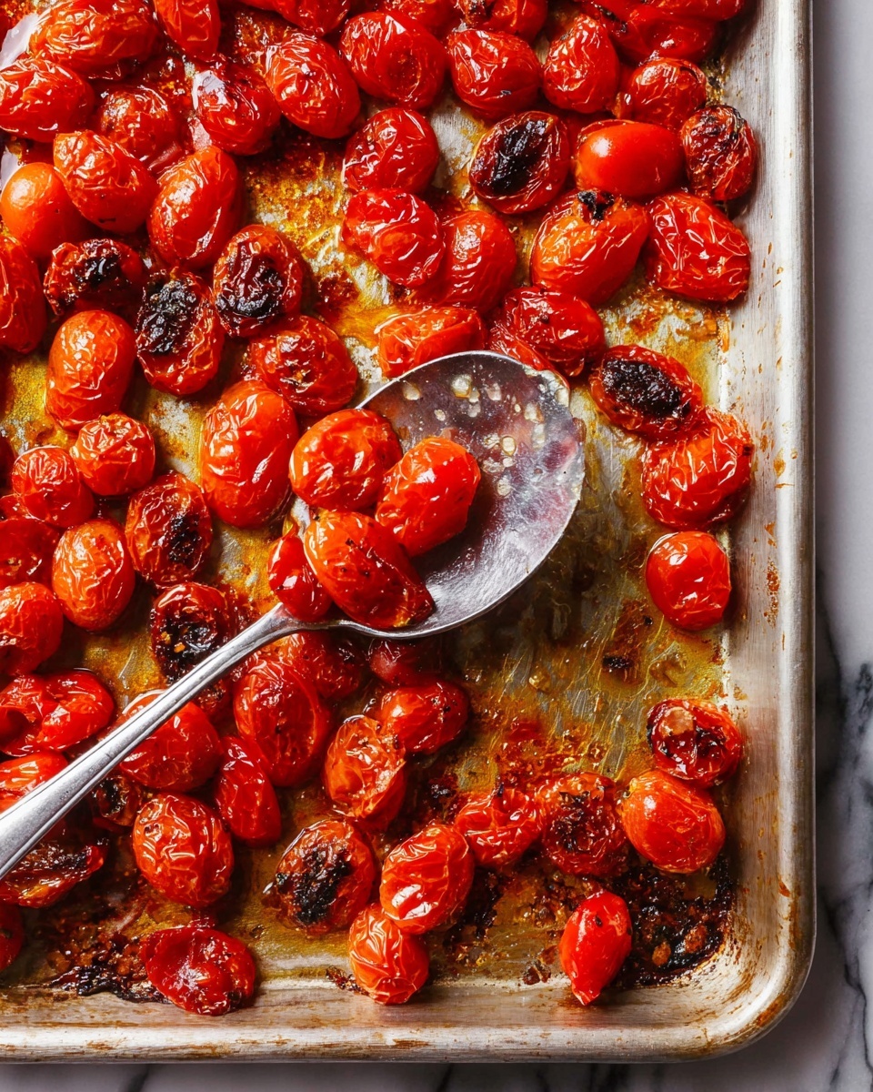 A metal baking tray is filled with one layer of bright red roasted cherry tomatoes, some shriveled and with charred black spots, showing they are cooked well. The tomatoes are shiny with oil and scattered unevenly across the tray. A large metal spoon is scooping up some of the tomatoes from the top left area of the tray. The tray sits on a white marbled surface. photo taken with an iphone --ar 4:5 --v 7