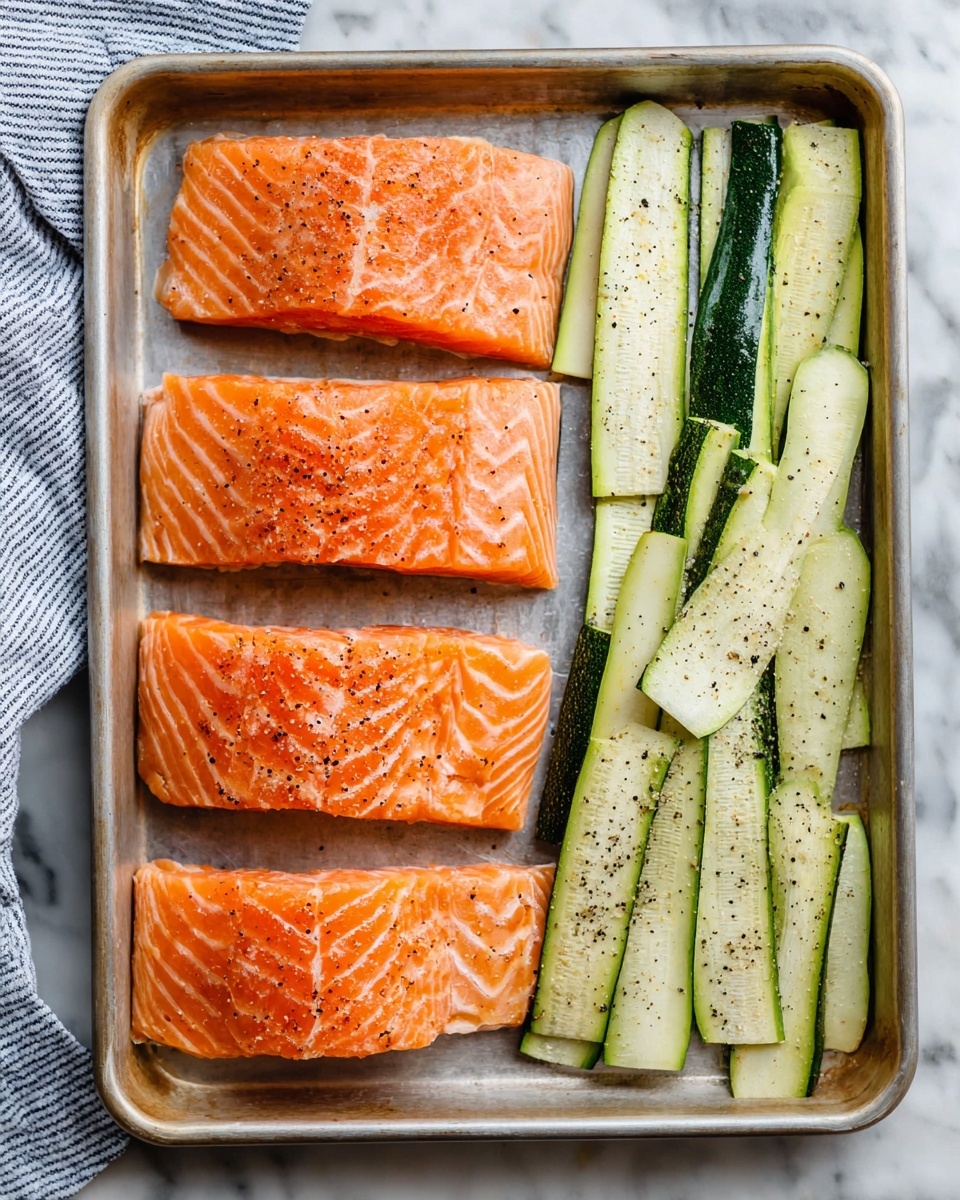 Four bright orange salmon fillets with visible white fat lines are laid out side by side on the left side of a metal baking tray, each fillet covered with a glossy mixture of chopped garlic, herbs, and oil that adds texture and specks of green and brown. To the right, there are long, thin slices of pale green zucchini, lightly seasoned with black pepper and herbs, arranged in a neat row. The background surface is a white marbled texture. Photo taken with an iphone --ar 4:5 --v 7