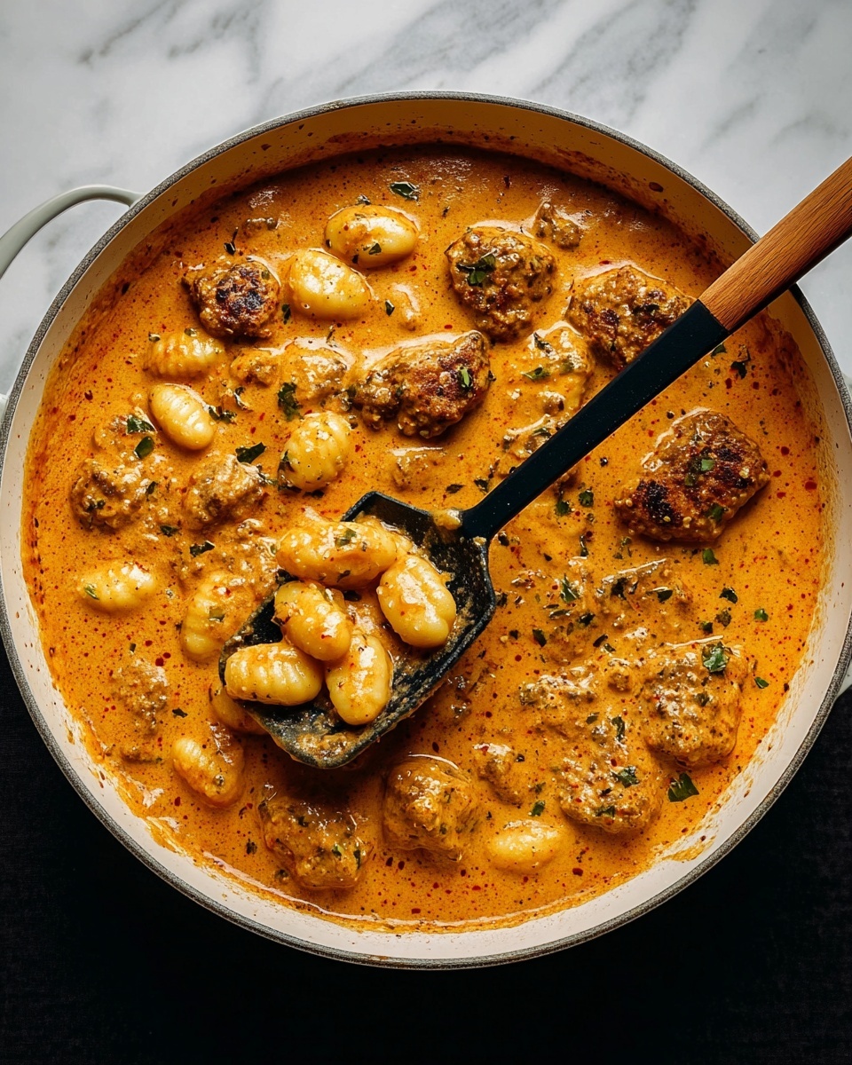 The dish shows a white plate filled with three layers of food. The first layer is small, soft, light yellow gnocchi pieces scattered around and under the top layers. The second layer consists of two pieces of golden-brown chicken covered in a creamy, orange sauce with fine green herbs spread throughout. The sauce pools around the gnocchi and chicken, creating a shiny, thick texture. There are also visible pieces of dried red tomatoes mixed in with the sauce. A gold fork is lifting a piece of the chicken, showing a white interior. The surface beneath the plate is a white marbled texture with some green herbs and an orange cloth near the edges. Photo taken with an iphone --ar 4:5 --v 7