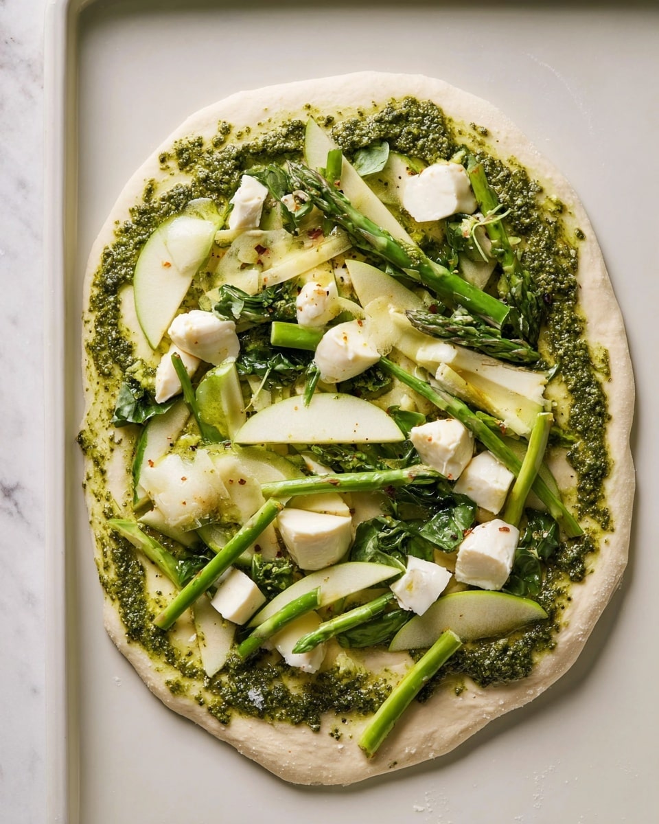 On a wooden cutting board, there are three groups of sliced ingredients: white, soft mozzarella cheese at the bottom, thin green slices of apple at the top right, and short pieces of green asparagus on the top left. A large knife with a wooden handle and silver blade rests on the right side of the board. The background is a white marbled texture. photo taken with an iphone --ar 4:5 --v 7