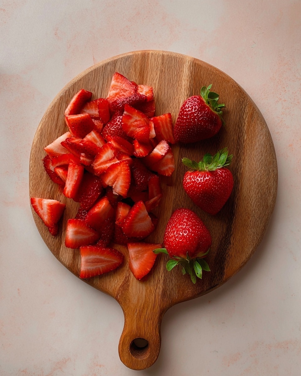 A round wooden board with a handle holds a pile of sliced red strawberries, showing their bright interior with seeds. Three whole strawberries with green tops sit on the board near the pile, and one whole strawberry is placed on the white marbled surface next to the board. The strawberry slices are vibrant red, slightly shiny, and arranged in a loose cluster on the left side of the board. The wood has a natural grain and warm brown tones. photo taken with an iphone --ar 4:5 --v 7