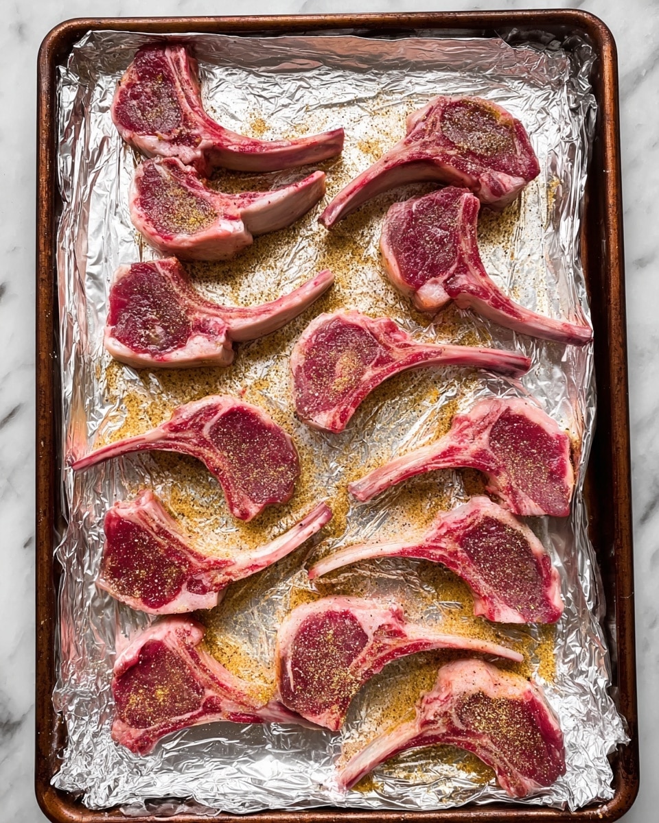 A rectangular baking tray lined with shiny silver foil holds ten raw lamb chops spread out in three uneven rows. Each chop has a long, thin bone extending from a thick, red and white marbled meat portion. The meat is seasoned evenly with a yellowish-brown powder and some black pepper scattered on top. The tray sits on a white marbled surface. photo taken with an iphone --ar 4:5 --v 7