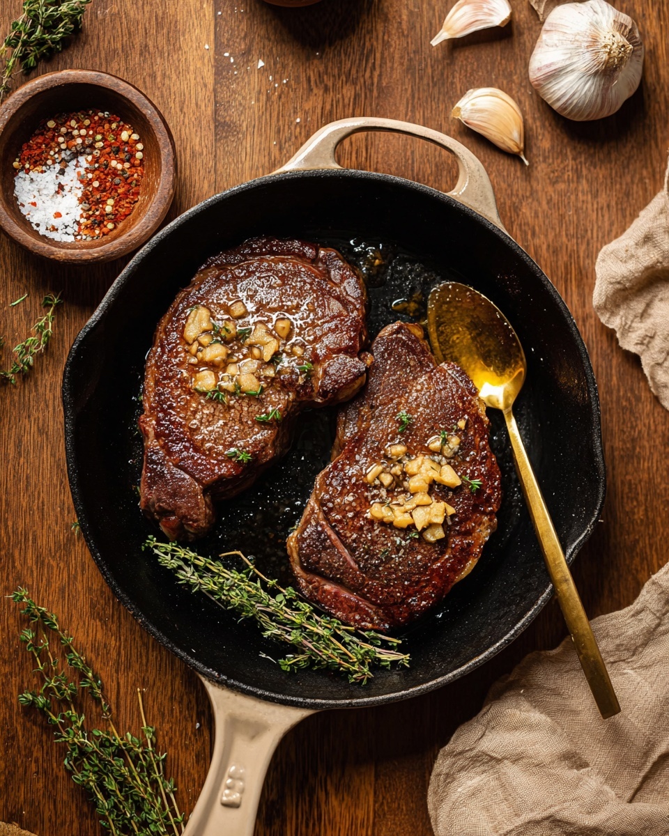 A black cast iron skillet with a light beige handle holds two rich brown seared steaks with a slightly oily and shiny surface, each topped with small pieces of golden browned garlic. Between the steaks lies a sprig of fresh green thyme, and a golden spoon with a little bit of oil rests inside the skillet near the right steak. The skillet sits on a wooden table with a warm brown tone, surrounded by garlic cloves, fresh thyme sprigs, a small bowl with a mix of salt and red spices, and a light brown cloth. The image has a cozy, rustic feel with a focus on the rich textures and colors of the food. photo taken with an iphone --ar 4:5 --v 7