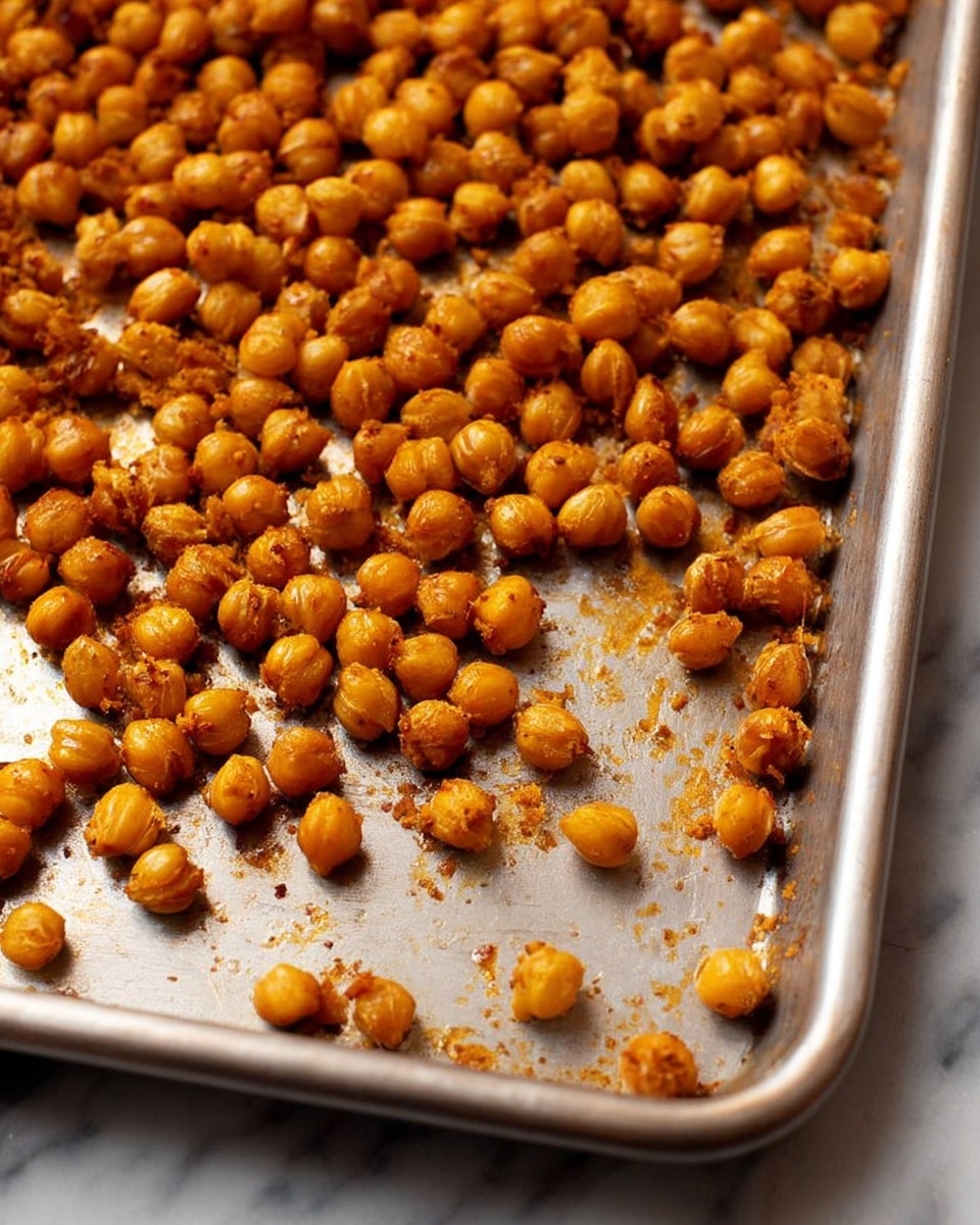 A close-up view of a metal baking tray filled with a single layer of small, round, roasted chickpeas that are golden brown and slightly crispy, scattered unevenly across the tray’s surface with a few chickpeas near the edges, the texture of the chickpeas showing a crunchy and dry outer coating, all placed on a white marbled surface photo taken with an iphone --ar 4:5 --v 7