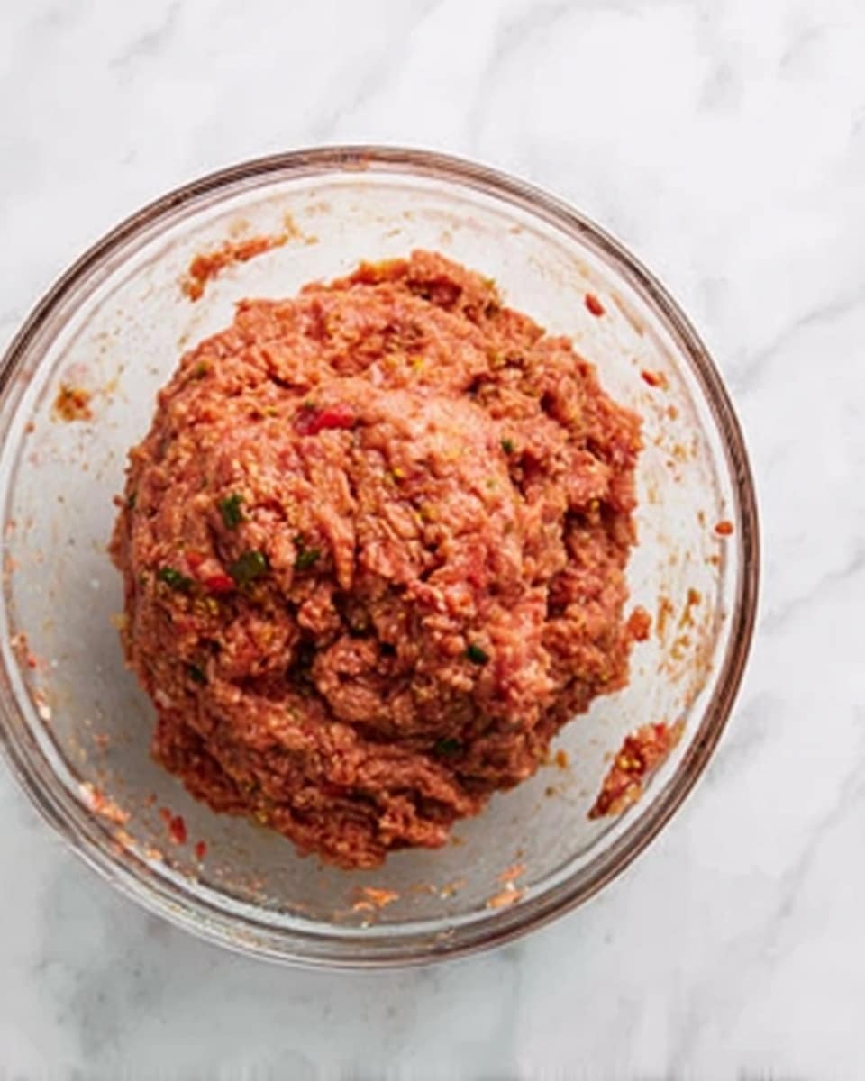 A clear glass bowl sits on a white marbled surface holding a thick, unevenly textured mound of raw ground meat mixed with small bits of red and green seasoning. The mound has a reddish-pink color overall with hints of darker and lighter tones due to the mix of ingredients. The bowl is filled about one-third with the meat mixture, showing some spaces in between the thicker parts. Photo taken with an iphone --ar 4:5 --v 7