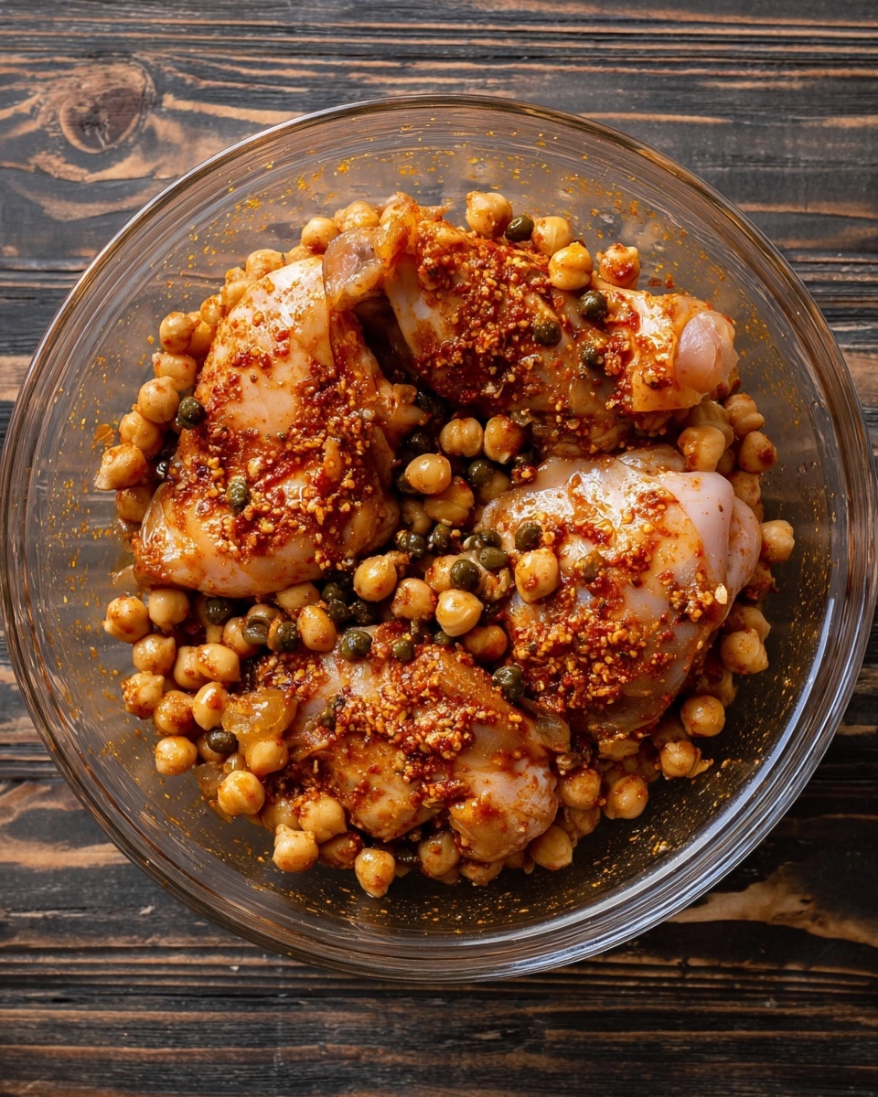 A clear glass bowl holds five raw chicken pieces, pale pink with an orange-red spice coating, mixed with a generous amount of round, beige chickpeas and small dark green capers scattered throughout. The chicken pieces are arranged close together, partially covered by the chickpeas and seasoning, creating a textured, marinated look. The bowl sits on a dark wooden surface with visible grain lines. Photo taken with an iphone --ar 4:5 --v 7