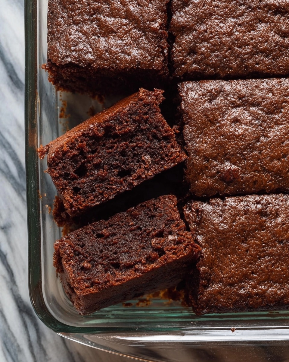 A glass baking dish holds six square pieces of dark brown cake with a rich, moist texture. One piece is lifted slightly showing a dense but soft crumb inside with small darker spots, likely chocolate or nuts, giving a mixed rough texture. The top layer is smooth with a slight shine and some tiny cracks. The dish sits on a white marbled surface. photo taken with an iphone --ar 4:5 --v 7