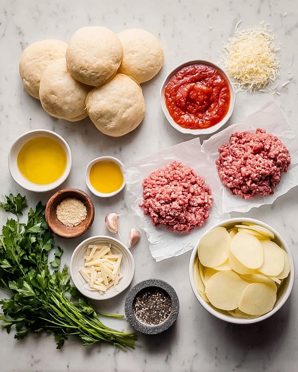 The image shows ingredients laid out neatly on a white marbled surface. On the left side, there are five small white bread rolls stacked in a pile. In the center, there are two portions of ground meat on white parchment paper, one darker and mixed, the other bright pink and finely textured. Around the meat, there are small white bowls containing red tomato sauce, yellow oil, light brown breadcrumbs, crushed garlic, white shredded cheese, yeast, and mustard seeds. There is also a small wooden bowl with black pepper and a small dark stone bowl with salt. On the right, a white bowl holds peeled, thin potato slices, and next to it is a bunch of fresh green parsley. The light is soft and natural, highlighting the textures and colors clearly. photo taken with an iphone --ar 4:5 --v 7