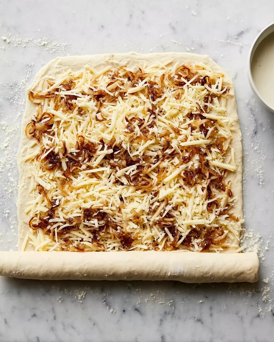 A white plate holds a pile of small round pastries, each puffed in a swirl shape with golden brown flaky layers on the outside. The pastries have a creamy white cheese melted in the center mixed with dark caramelized spots and bits of sun-dried tomato or a similar ingredient giving dark red and brown patches across the surface. Small green herb leaves, possibly thyme, are scattered on top of the pastries, adding touches of green. There are light sprinkles of what looks like grated cheese or crumbs over everything. The plate is set on a white marbled textured surface. photo taken with an iphone --ar 4:5 --v 7