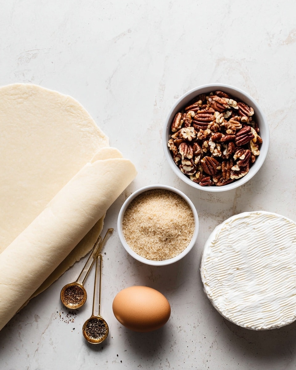 The image shows a white marbled surface with a rolled-out, pale dough sheet on the left side, smooth and thin. To the right of the dough, there are two white bowls: one filled with chopped pecans in dark brown and light tan shades, and the other filled with light brown sugar with a dry, crumbly texture. Next to these bowls sits a single smooth brown egg. Below the egg, there is a couple of small golden measuring spoons filled with black and white mixed pepper. On the far right, there is a round, white-wrapped cheese wheel with a textured surface. The scene is clean and bright, with all elements well spaced on the white marbled background. photo taken with an iphone --ar 4:5 --v 7