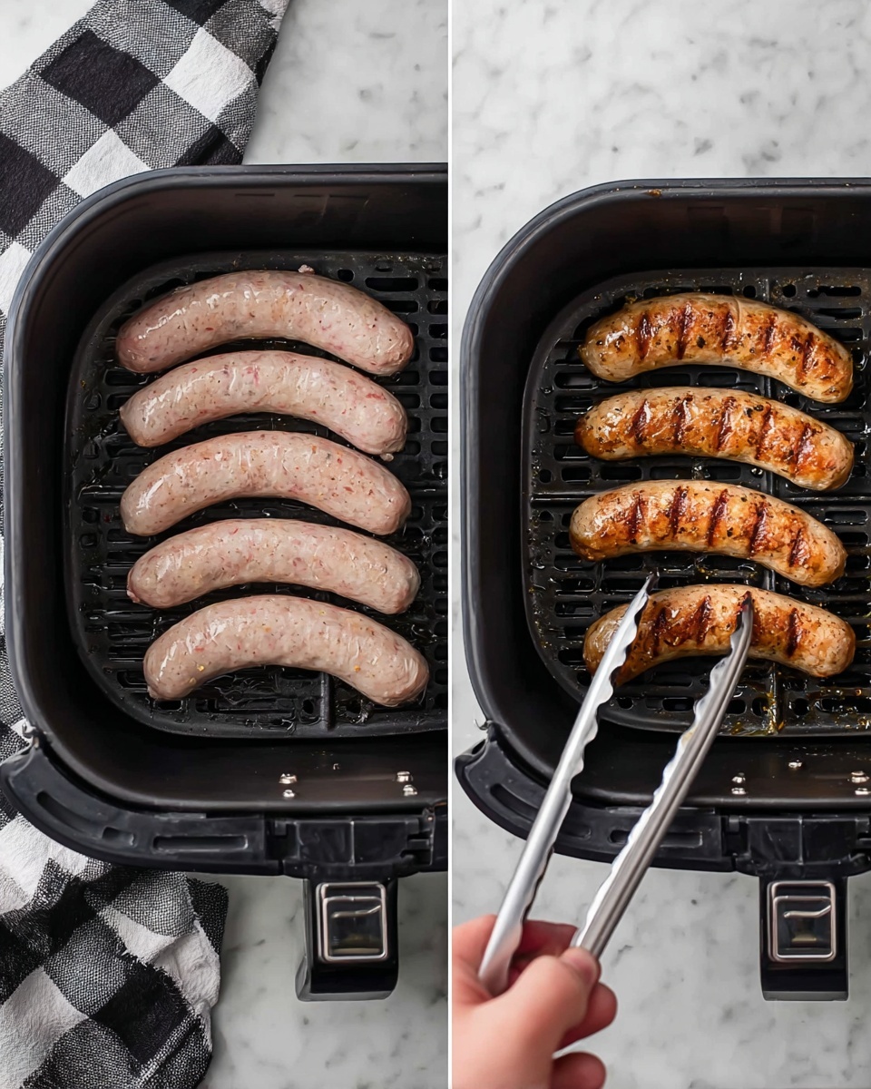 The image shows a white round plate with five browned sausages placed closely together in the center, showing a shiny texture from cooking. Underneath the sausages, there are several fresh green parsley leaves arranged as garnish. On the left side of the plate, a silver fork rests with its prongs pointing upwards. The plate sits on a white marbled surface, and nearby on the top left corner a small white bowl contains whole grain mustard with visible mustard seeds. In the top right corner, there is a glass with a pale yellow drink topped with white foam. A black and white checkered cloth is partially visible at the bottom right edge. Photo taken with an iphone --ar 4:5 --v 7