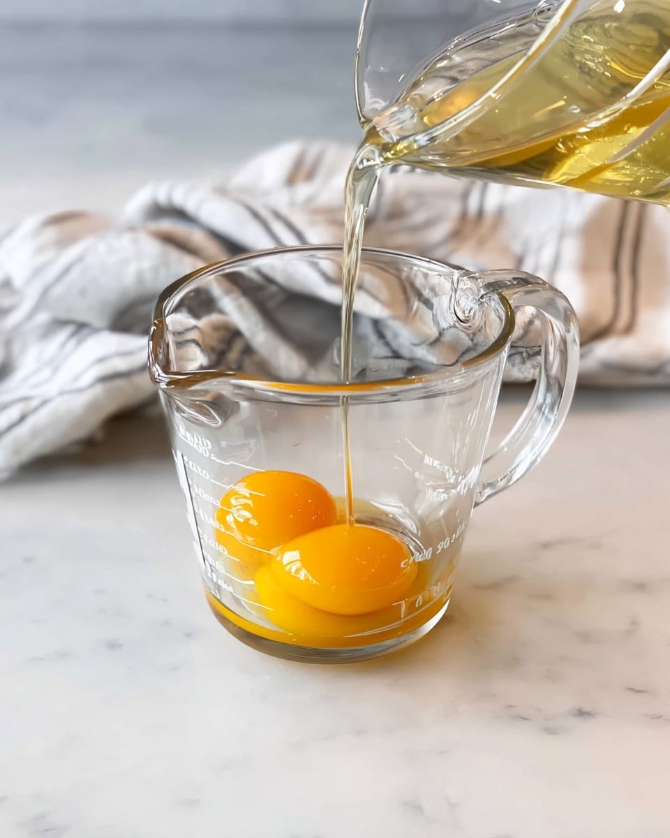 A clear glass measuring cup sits on a white marbled surface, containing two bright yellow egg yolks at the bottom. A clear liquid is being poured from a clear glass pitcher into the measuring cup, creating a thin stream above the egg yolks. In the background, there is a white cloth with gray stripes, softly blurred. The scene is well lit with natural light, showing a clean and simple kitchen setup. photo taken with an iphone --ar 4:5 --v 7