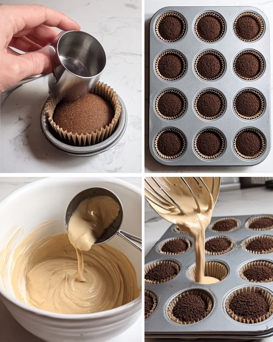 The image shows two small round layered desserts stacked on top of each other on a wooden surface with a white marbled background. Each dessert has three layers: a bottom dark brown crumbly layer, a thick middle creamy beige layer, and a smooth, glossy milk chocolate layer on top with ruffled edges around the sides. The top dessert has a bite taken out, revealing the soft texture of the middle layer and the crumbly base inside. Some crumbs are scattered on the wooden surface near the desserts. Photo taken with an iphone --ar 4:5 --v 7