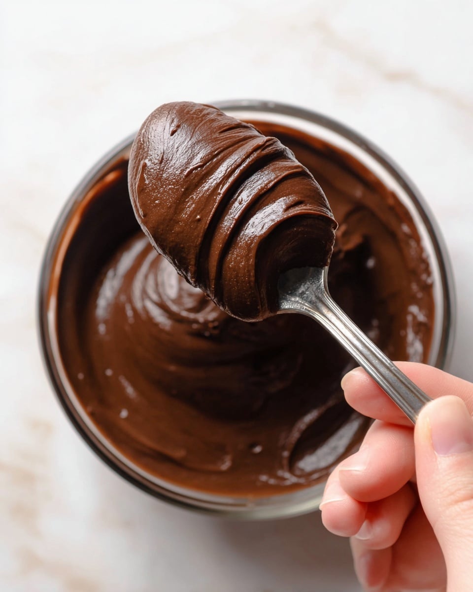 A white bowl filled with one smooth, thick layer of dark brown chocolate sauce that has a shiny, glossy texture. The chocolate is being lifted by a white spatula, with the sauce slowly dripping back into the bowl in a soft swirl pattern. The bowl sits on a white marbled surface with a metal whisk on the left side and a beige textured cloth softly draped in the background. photo taken with an iphone --ar 4:5 --v 7