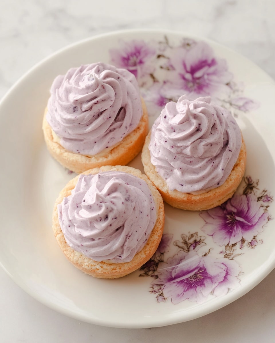 Four small golden sponge cakes shaped like flowers are layered with light purple cream in the middle, placed on a white plate with small purple flowers. Each cake is topped with a swirl of the same light purple cream and a fresh black blackberry, which is glossy and dark. Three extra blackberries sit in front of the cakes on the plate. In the back, a white cup with purple flower patterns holds light brown tea. To the left, a small white bowl is filled with more blackberries. The whole scene is set on a white marbled surface with soft, natural light. Photo taken with an iphone --ar 4:5 --v 7