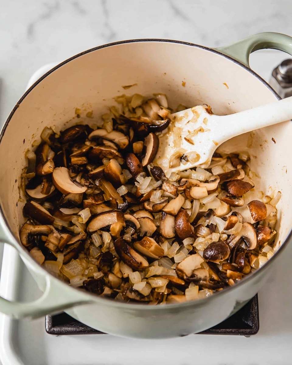 A black bowl filled with creamy orange soup layered with pieces of dark brown mushrooms and garnished with chopped green herbs and a dollop of white cream on top, with a wooden-handled spoon resting inside the bowl on the right side; in the background, a white pot with a white handle shows more soup, along with small white bowls of fresh green herbs placed on a white marbled texture surface. Photo taken with an iphone --ar 4:5 --v 7