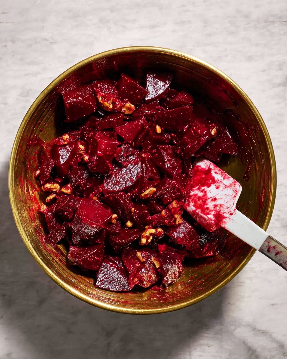 The image shows four roasted beets with dark, rough skins sitting on crumpled foil on a metal tray to the right. To the left side on a white marbled surface are ingredients in small white bowls: crumbled white cheese with a crumbly texture on a white plate, walnuts with a rough and uneven surface in a bowl, a bowl of yellowish mustard with honey on one side, a bowl filled with golden olive oil, and a small glass of bright red liquid. Fresh green parsley with leafy texture lies loosely arranged below the bowls, and a silver pepper grinder stands to the far left. Photo taken with an iphone --ar 4:5 --v 7