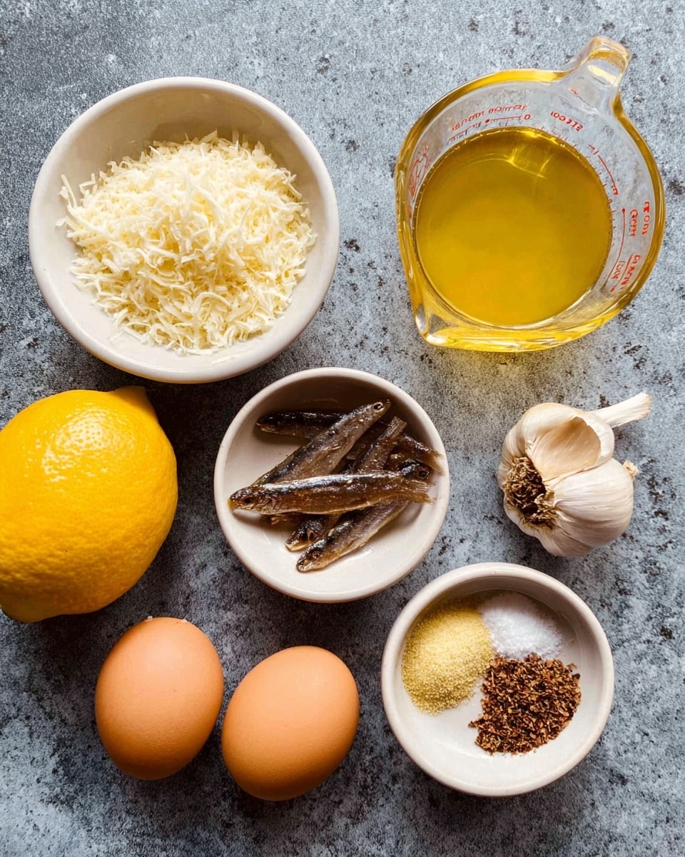 The image shows a collection of cooking ingredients arranged on a gray textured surface. There are three small white bowls: one filled with grated cheese, another with small brown dried fish, and the third with mustard, salt, and black pepper, all neatly sectioned. Around these bowls, there is a whole bright yellow lemon, two brown eggs, a single garlic clove, and a glass measuring cup filled with light golden oil. The setup is simple and clean, with each ingredient distinct and easy to see. photo taken with an iphone --ar 4:5 --v 7